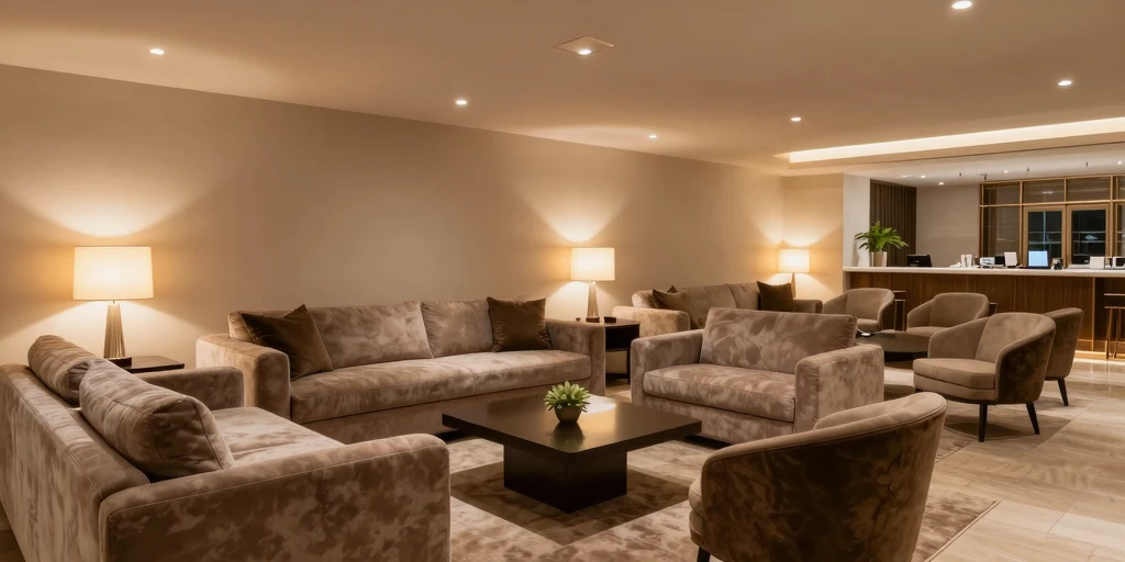 Luxury lounge area with comfortable seating and ambient lighting